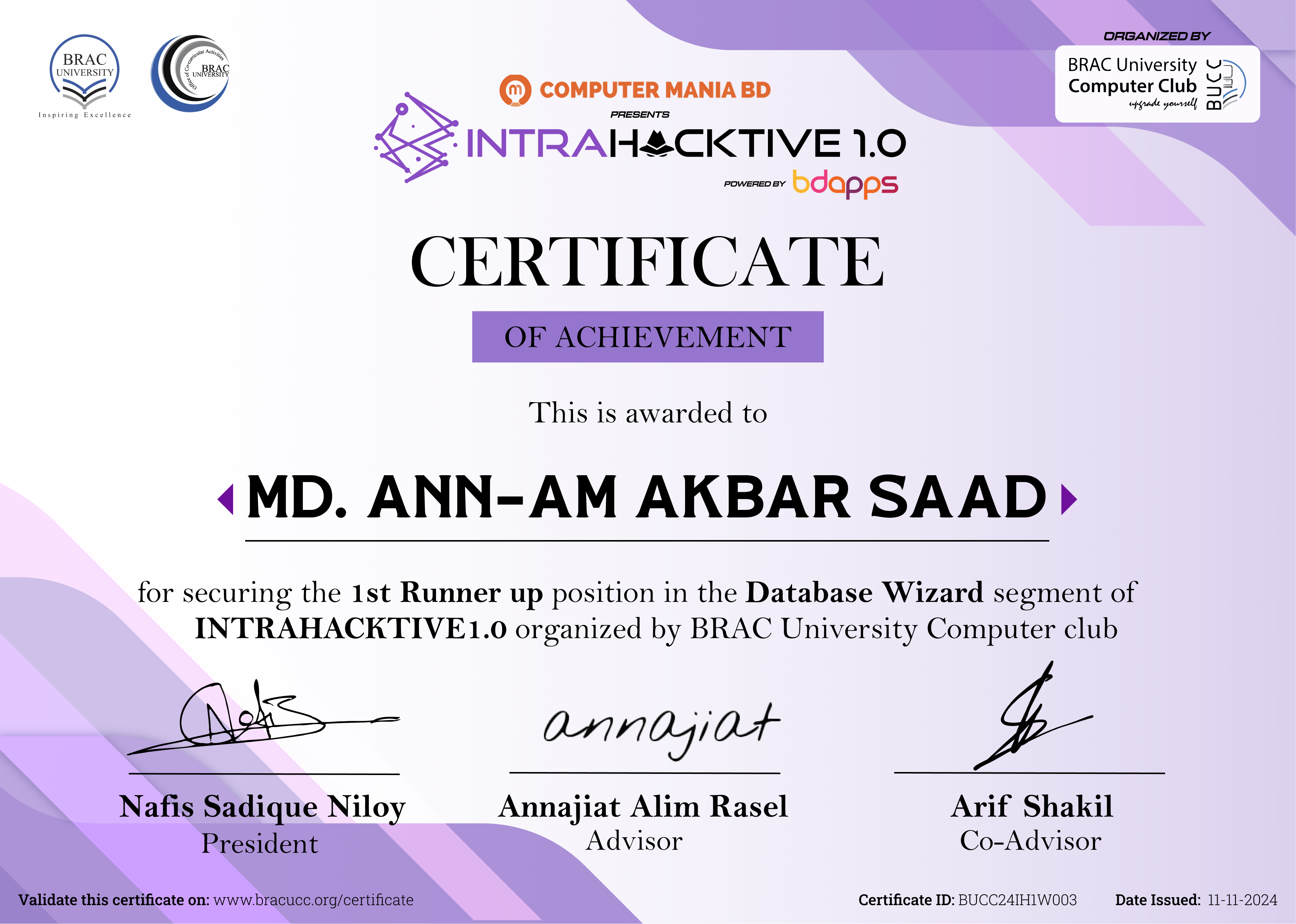 Generated certificate for a long name, Md. Ann-Am Akbar Saad, with the triangle markers still sitting tight against the text