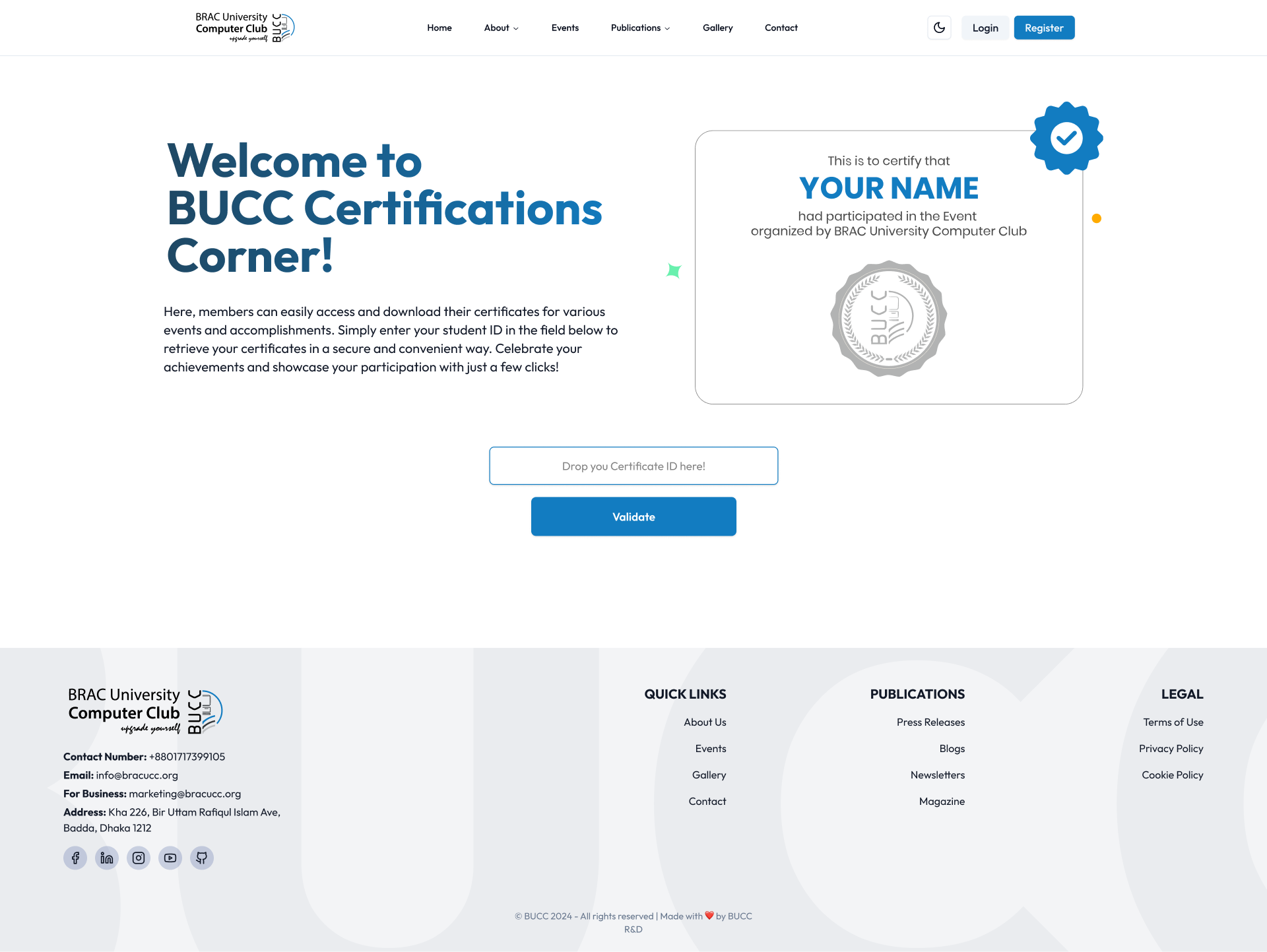The BUCC Certifications Corner landing page, with a field to enter a certificate ID and validate it